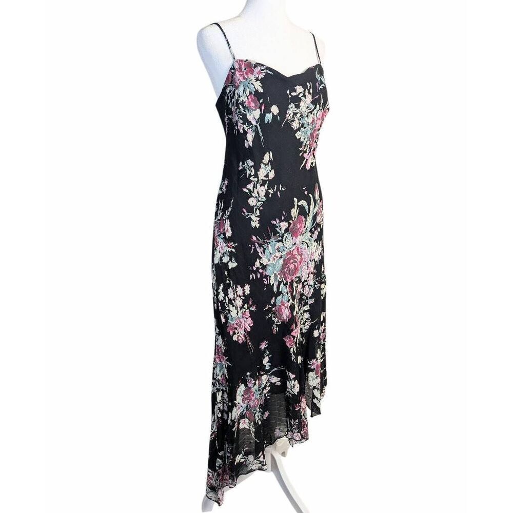 Vintage 90s Lily asymmetrical ruffle hem bias slipdress black pink floral L
